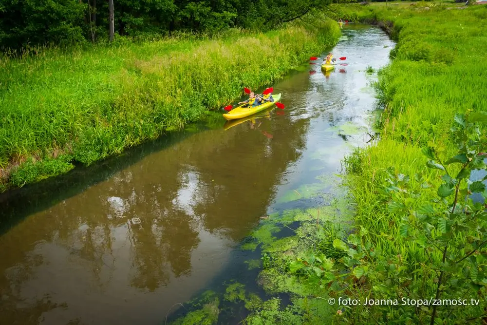 Spływ kajakowy na rzece Wieprz - uczestnicy na tle pięknej przyrody