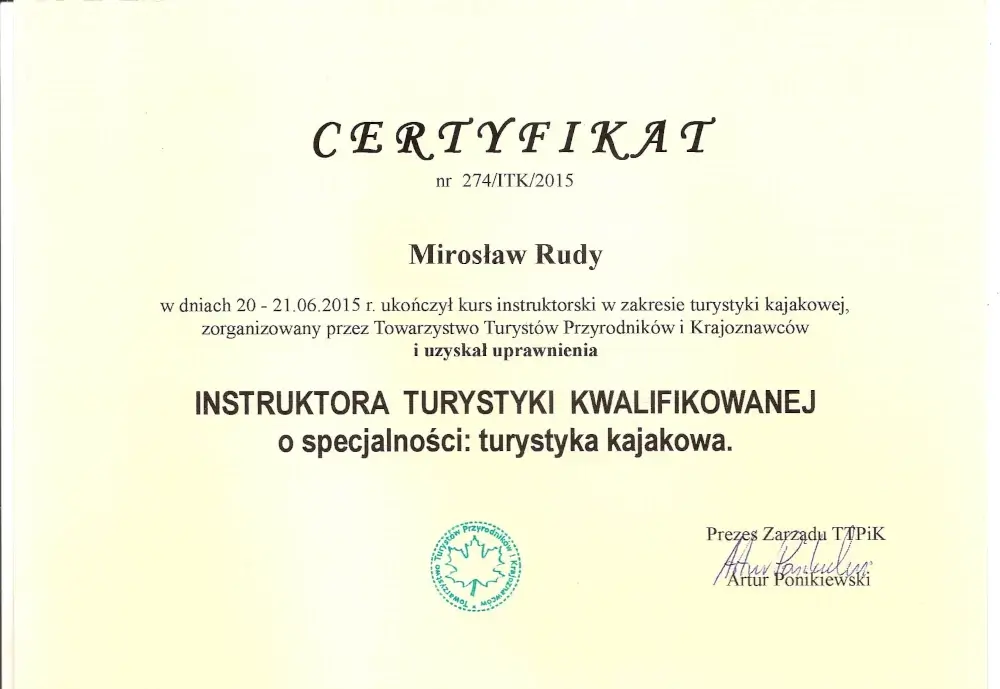Certyfikat instruktora turystyki kajakowej Mirosław Rudy