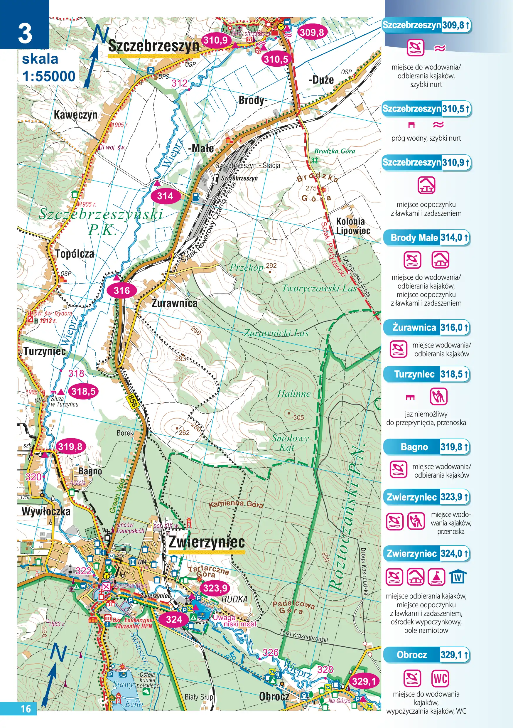 Mapa tras kajakowych w Zwierzyńcu rzeka Wieprz